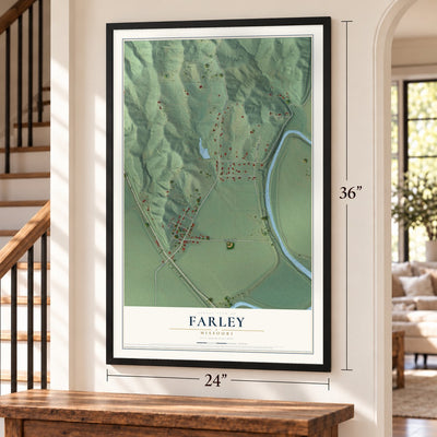Farley, Missouri map, 24 x 36 inch print in a black frame by a staircase