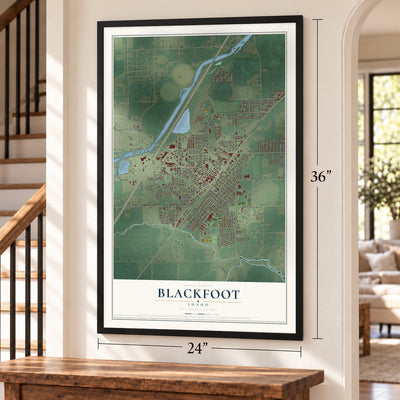 Blackfoot, Idaho map, 24 x 36 inch print in a black frame by a staircase