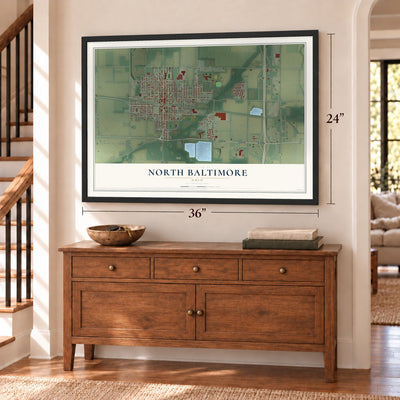 North Baltimore, Ohio map, 24 x 36 inch print in a black frame above a dresser by a staircase