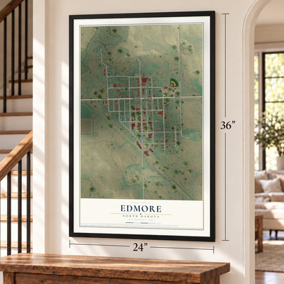 Edmore, North Dakota map, 24 x 36 inch print in a black frame by a staircase