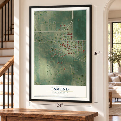 Esmond, North Dakota map, 24 x 36 inch print in a black frame by a staircase