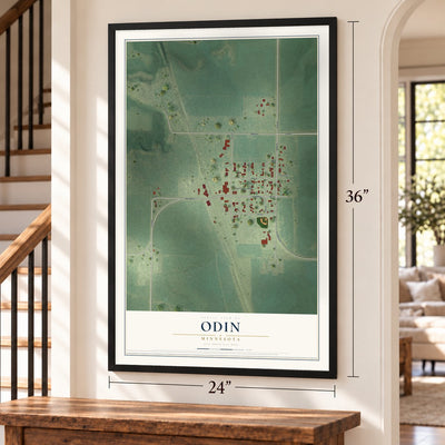 Odin, Minnesota map, 24 x 36 inch print in a black frame by a staircase