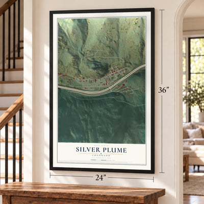 Silver Plume, Colorado map, 24 x 36 inch print in a black frame by a staircase