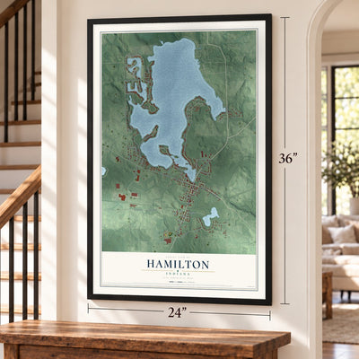 Hamilton, Indiana map, 24 x 36 inch print in a black frame by a staircase