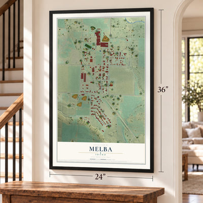Melba, Idaho map, 24 x 36 inch print in a black frame by a staircase