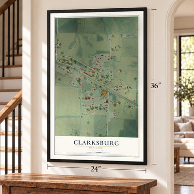 Clarksburg, Missouri map, 24 x 36 inch print in a black frame by a staircase