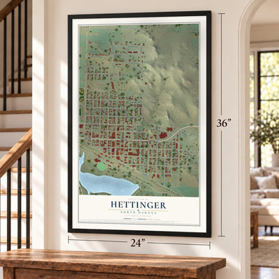Hettinger, North Dakota map, 24 x 36 inch print in a black frame by a staircase