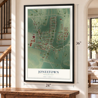 Jonestown, Mississippi map, 24 x 36 inch print in a black frame by a staircase