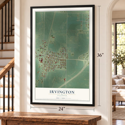 Irvington, Illinois map, 24 x 36 inch print in a black frame by a staircase