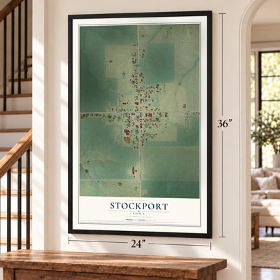 Stockport, Iowa map, 24 x 36 inch print in a black frame by a staircase