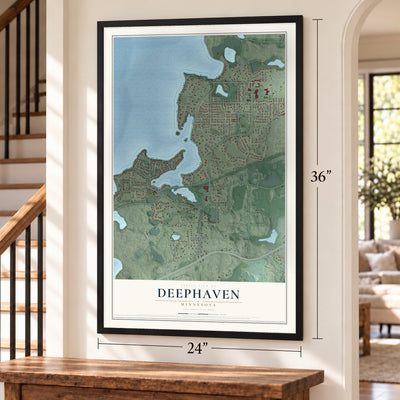 Deephaven, Minnesota map, 24 x 36 inch print in a black frame by a staircase
