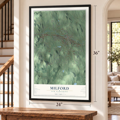 Milford, New Hampshire map, 24 x 36 inch print in a black frame by a staircase