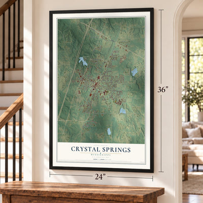 Crystal Springs, Mississippi map, 24 x 36 inch print in a black frame by a staircase