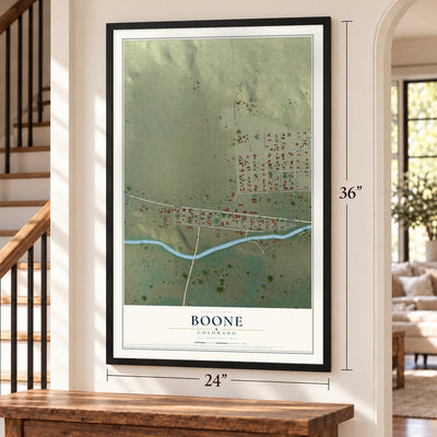 Boone, Colorado map, 24 x 36 inch print in a black frame by a staircase