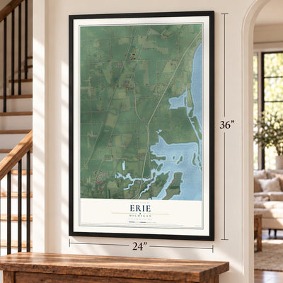 Erie, Michigan map, 24 x 36 inch print in a black frame by a staircase