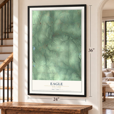 Eagle, New York map, 24 x 36 inch print in a black frame by a staircase