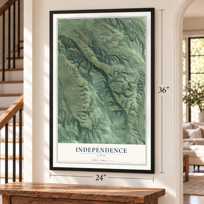 Independence, Utah map, 24 x 36 inch print in a black frame by a staircase