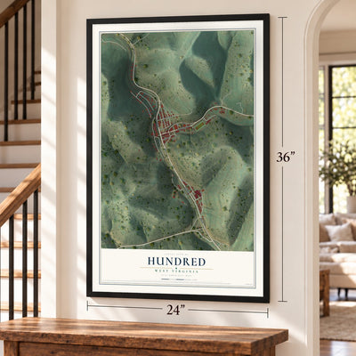 Hundred, West Virginia map, 24 x 36 inch print in a black frame by a staircase