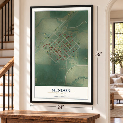 Mendon, Missouri map, 24 x 36 inch print in a black frame by a staircase