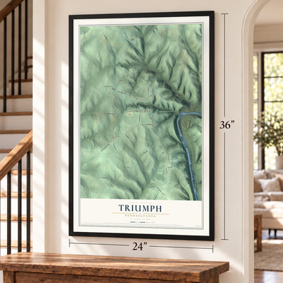 Triumph, Pennsylvania map, 24 x 36 inch print in a black frame by a staircase