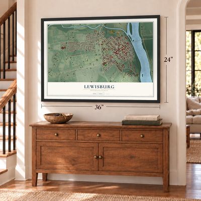 Lewisburg, Pennsylvania map, 24 x 36 inch print in a black frame above a dresser by a staircase
