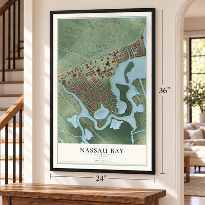 Nassau Bay, Texas map, 24 x 36 inch print in a black frame by a staircase