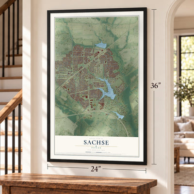 Sachse, Texas map, 24 x 36 inch print in a black frame by a staircase
