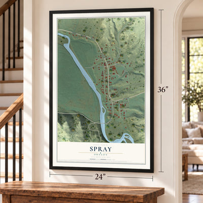 Spray, Oregon map, 24 x 36 inch print in a black frame by a staircase