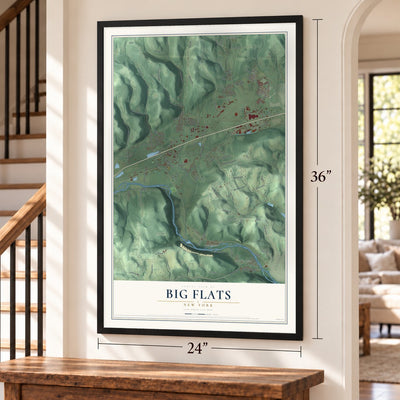 Big Flats, New York map, 24 x 36 inch print in a black frame by a staircase