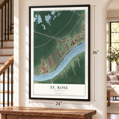 St. Rose, Louisiana map, 24 x 36 inch print in a black frame by a staircase