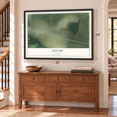 Levasy, Missouri map, 24 x 36 inch print in a black frame above a dresser by a staircase