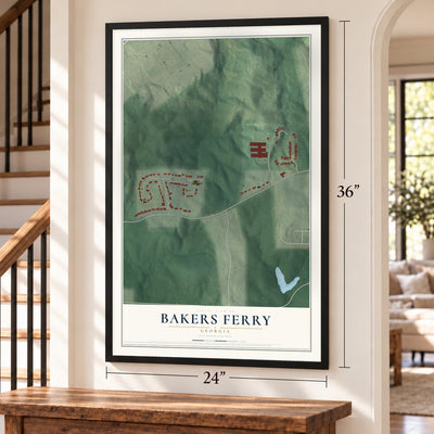 Bakers Ferry, Georgia map, 24 x 36 inch print in a black frame by a staircase