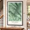New Albion, New York map, 24 x 36 inch print in a black frame by a staircase