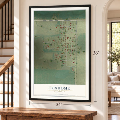 Foxhome, Minnesota map, 24 x 36 inch print in a black frame by a staircase