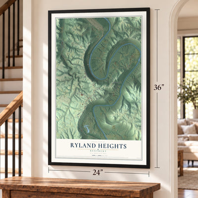 Ryland Heights, Kentucky map, 24 x 36 inch print in a black frame by a staircase