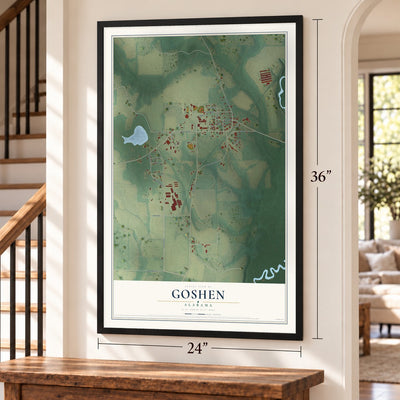 Goshen, Alabama map, 24 x 36 inch print in a black frame by a staircase