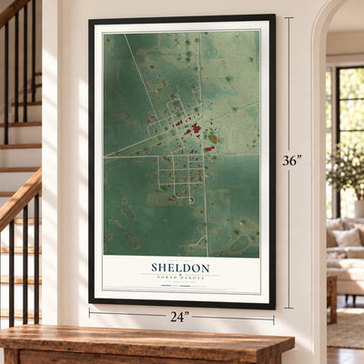 Sheldon, North Dakota map, 24 x 36 inch print in a black frame by a staircase
