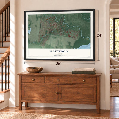 Westwood, New Jersey map, 24 x 36 inch print in a black frame above a dresser by a staircase