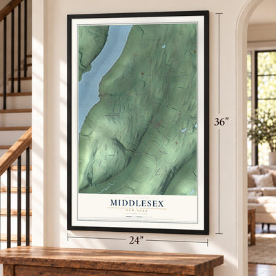 Middlesex, New York map, 24 x 36 inch print in a black frame by a staircase