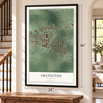 Arlington, Minnesota map, 24 x 36 inch print in a black frame by a staircase