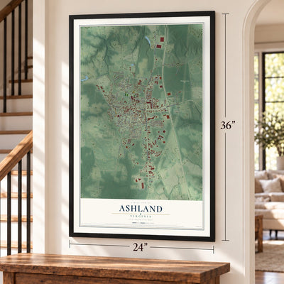 Ashland, Virginia map, 24 x 36 inch print in a black frame by a staircase