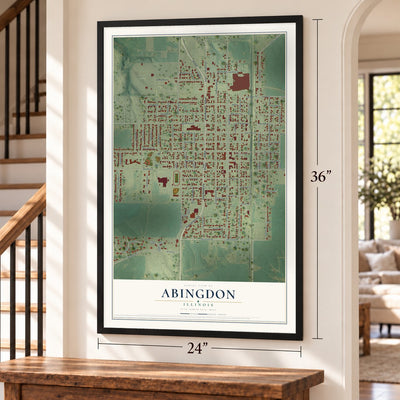 Abingdon, Illinois map, 24 x 36 inch print in a black frame by a staircase