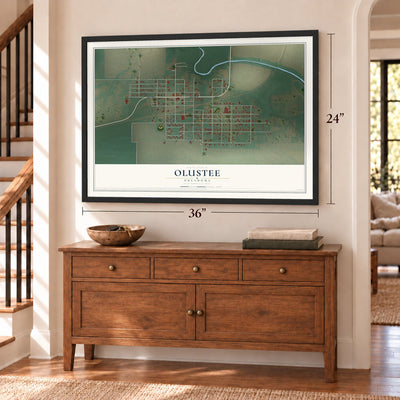 Olustee, Oklahoma map, 24 x 36 inch print in a black frame above a dresser by a staircase