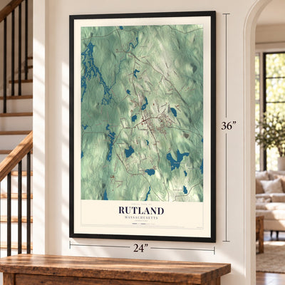 Rutland, Massachusetts map, 24 x 36 inch print in a black frame by a staircase
