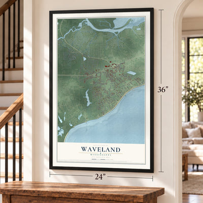 Waveland, Mississippi map, 24 x 36 inch print in a black frame by a staircase