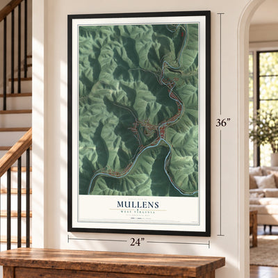 Mullens, West Virginia map, 24 x 36 inch print in a black frame by a staircase