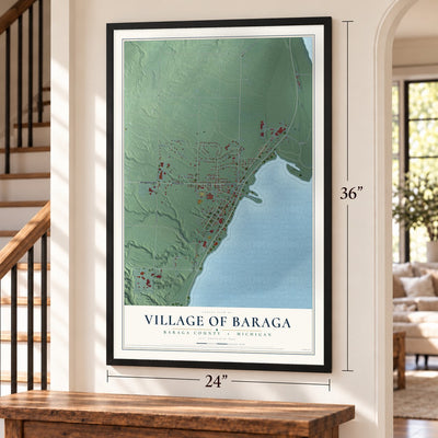 Baraga, Michigan map, 24 x 36 inch print in a black frame by a staircase