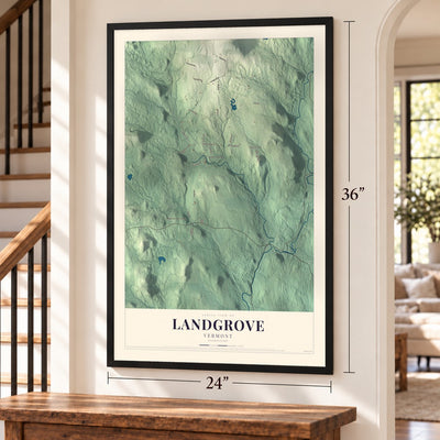Landgrove, Vermont map, 24 x 36 inch print in a black frame by a staircase