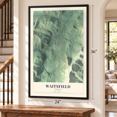 Waitsfield, Vermont map, 24 x 36 inch print in a black frame by a staircase