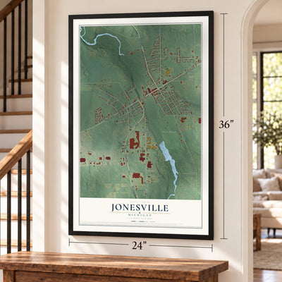 Jonesville, Michigan map, 24 x 36 inch print in a black frame by a staircase